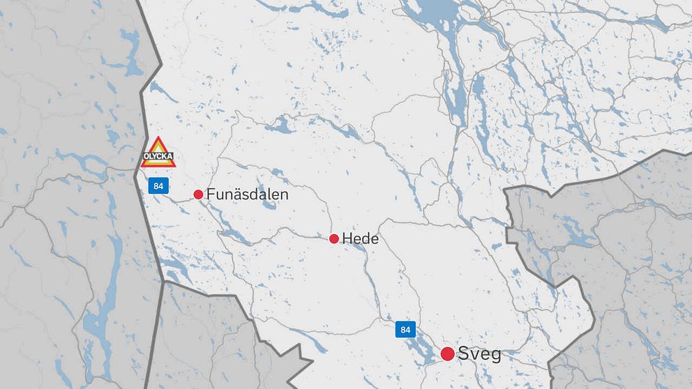 En karta över delar av Jämtland där olycksplatsen är markerad med en symbol för en skylt.