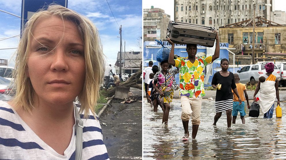 SVT:s utsända Liselott Lindström på plats i Beira i Moçambique. I samma stad bär invånare sina tillhörigheter efter att cyklonen Idai slagit hårt mot staden.