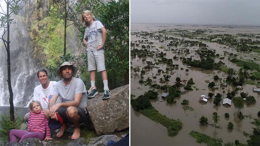 Lena Granqvist tillsammans med sin man Gabriele Santi och barnen Axel och Vera. Området Nicoadala i Moçambique är under vatten.