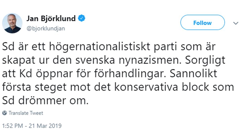 Liberalernas partiledare Jan Björklund twittrar om att KD vill samarbeta med SD.