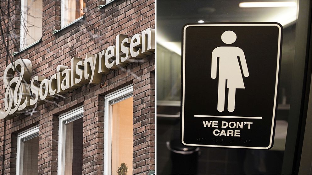 Till vänster Socialstyrelsens fasad. Till höger en bild som användes i USA i samband med debatten om vilka badrum transpersoner har rätt att använda.