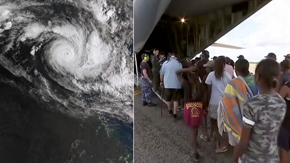 Satellitbild på orkanen Trevor på bild till vänster och människor som evakueras till höger.