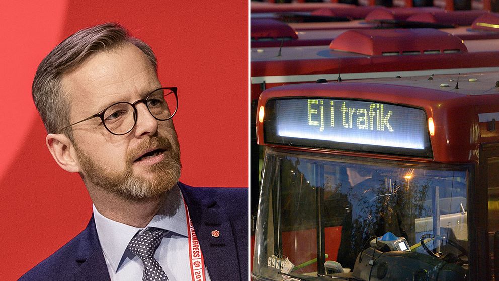 Inrikesminister Mikael Damberg och bussar