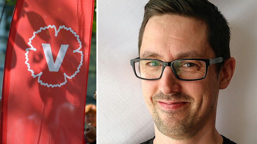 En flagga med Vänsterpartiets logga och Daniel Johansson.