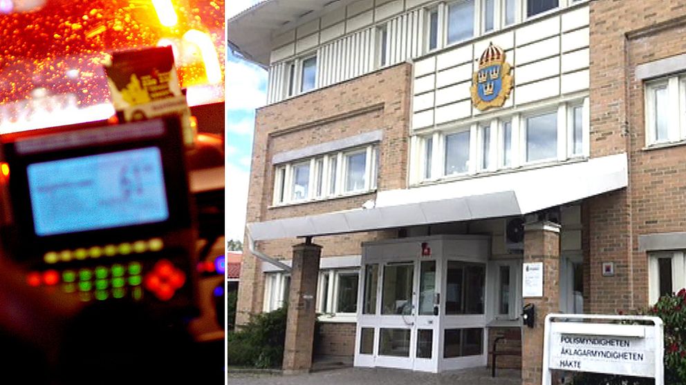 En delad bild där vänstersidan visar en taxameter och instrumentbräda i en taxibil. Högersidan visar fasaden på polisstationen i Nyköping.