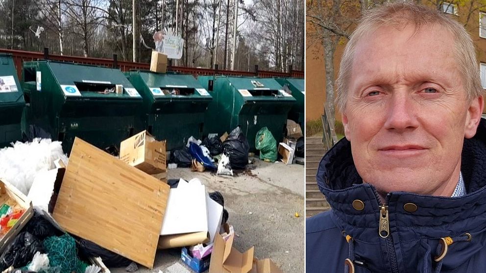 En bild av illegalt avfall på en återvinningsstation och Thomas Thernström, avfallsstrateg på Södertälje kommun.