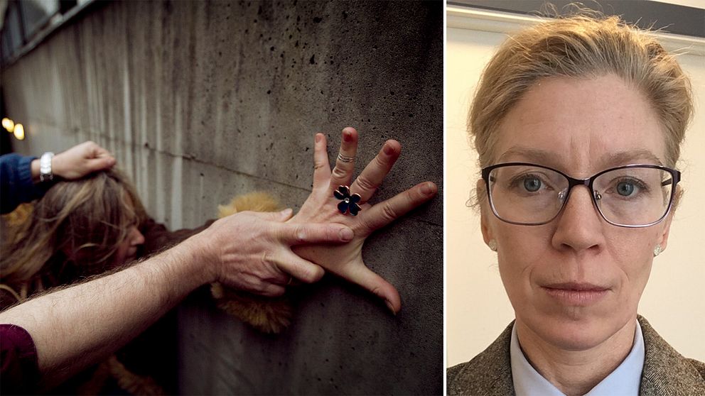 En kvinna hålls fast av en man och forskaren Sandra Friberg, docent i civilrätt vid Uppsala universitet.