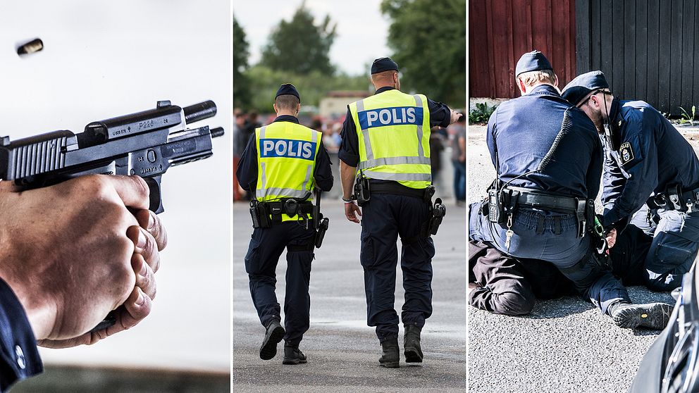 En polis med ett vapen, två poliser på en festival och två poliser som brottar ned en man.