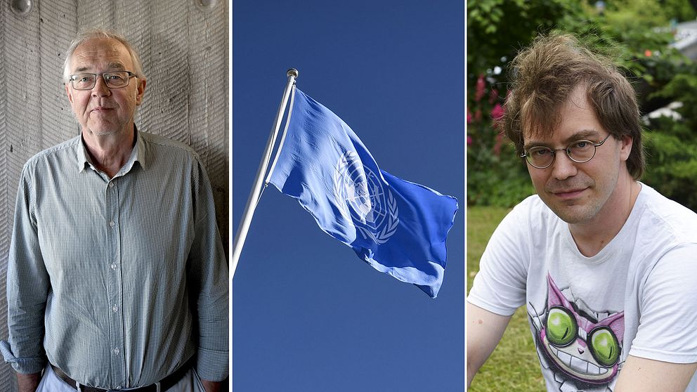 Nils Funcke, en FN-flagga och Simon Lundström