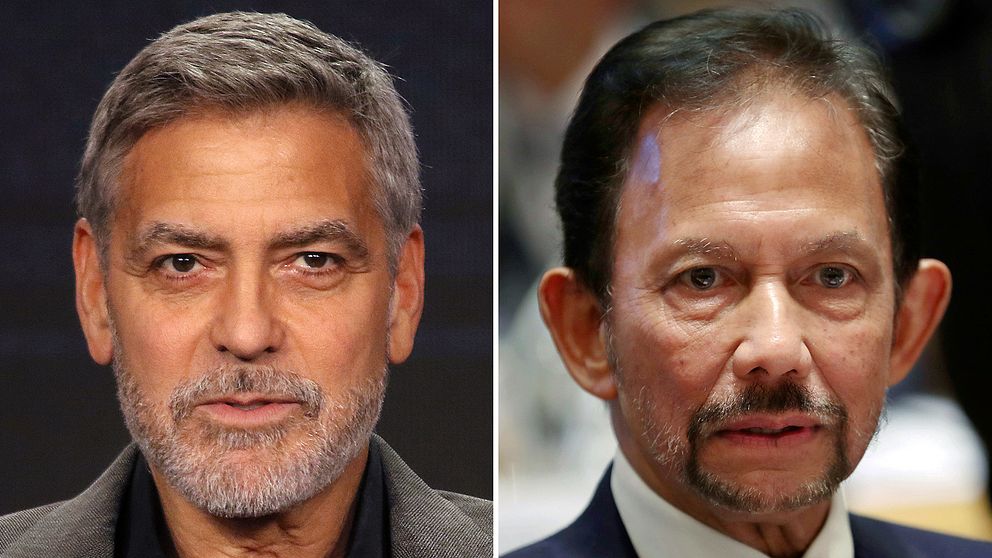 George Clooney och Bruneis sultan Hassanal Bolkiah. Arkivbilder.