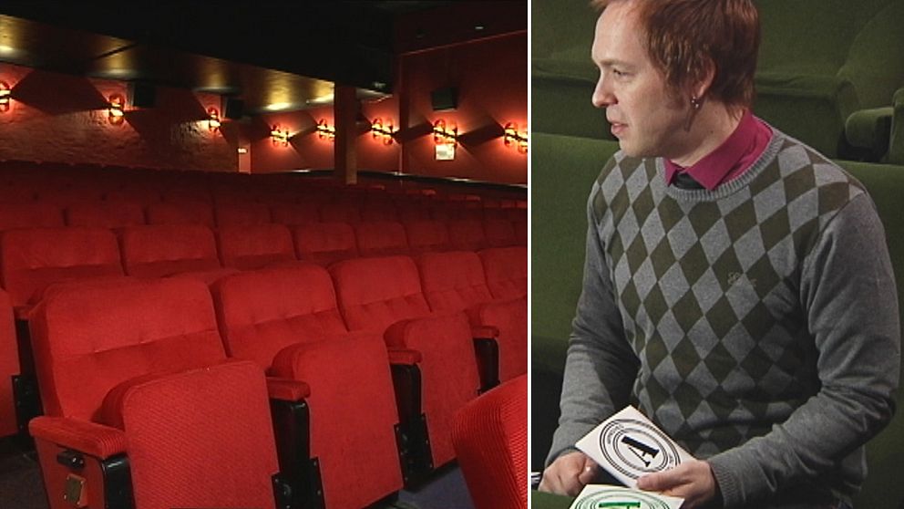 vy över biosalong, och bild på Roger Thollin – en man som sitter i biosalong och håller några klistermärken