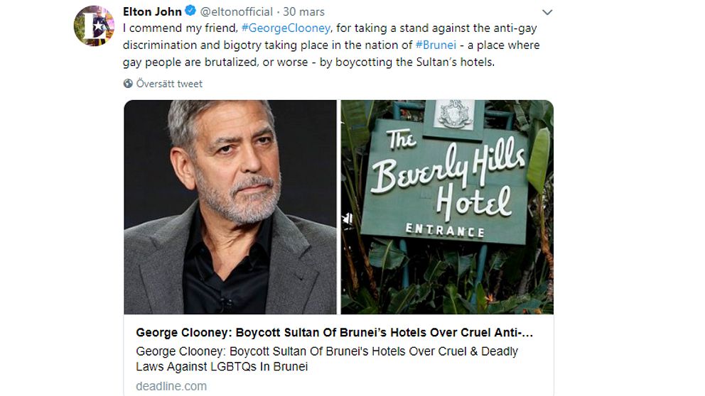 Elton Johns twitterflöde med bild på Geroge Clooney och ett Brunei-drivet hotell.