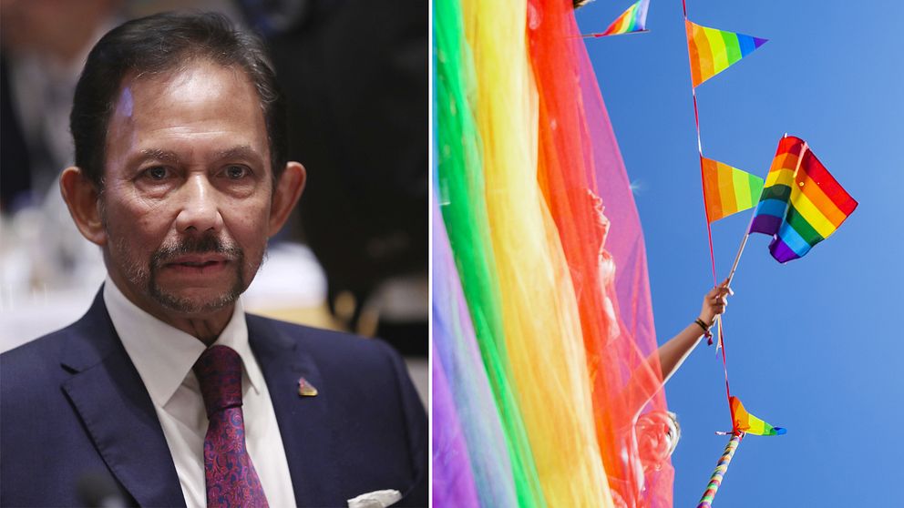 Hassanal Bolkiah och prideflaggor.