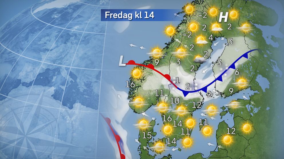 Troligtvis blir det ganska splittrad och lätt nederbörd under fredagen, med värme och blåst i syd. Soligt även uppe i norr.