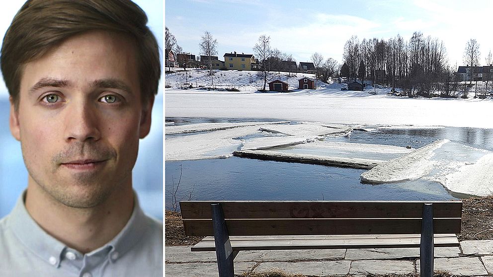 Nils Holmqvist och en bänk vid en sjö med is