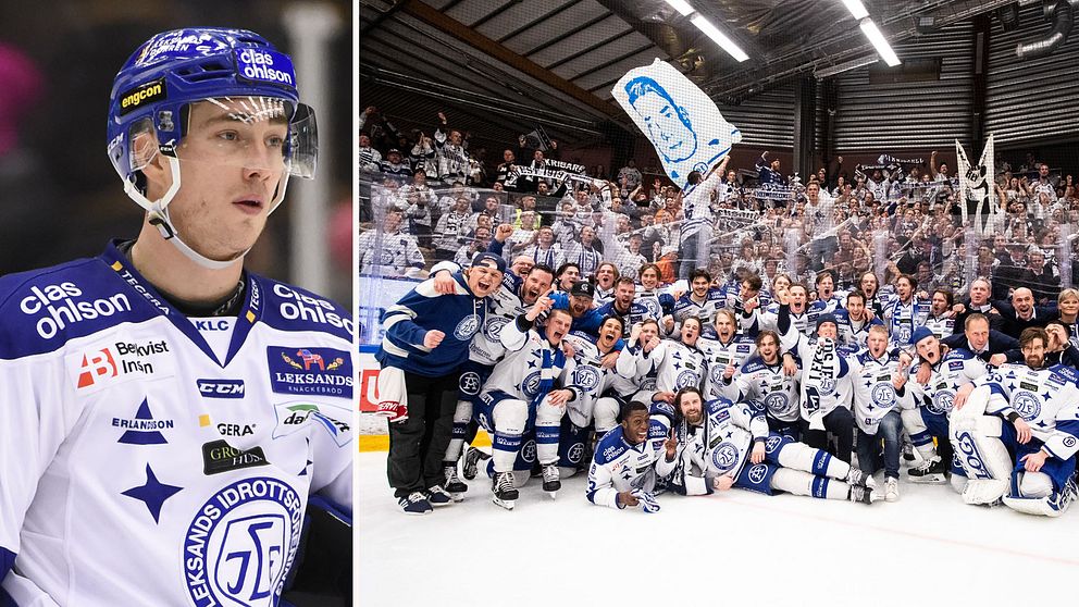 Skadade Tobias Forsberg (till vänster) gladdes med lagkamraterna i Leksand efter klubbens avancemang till SHL.