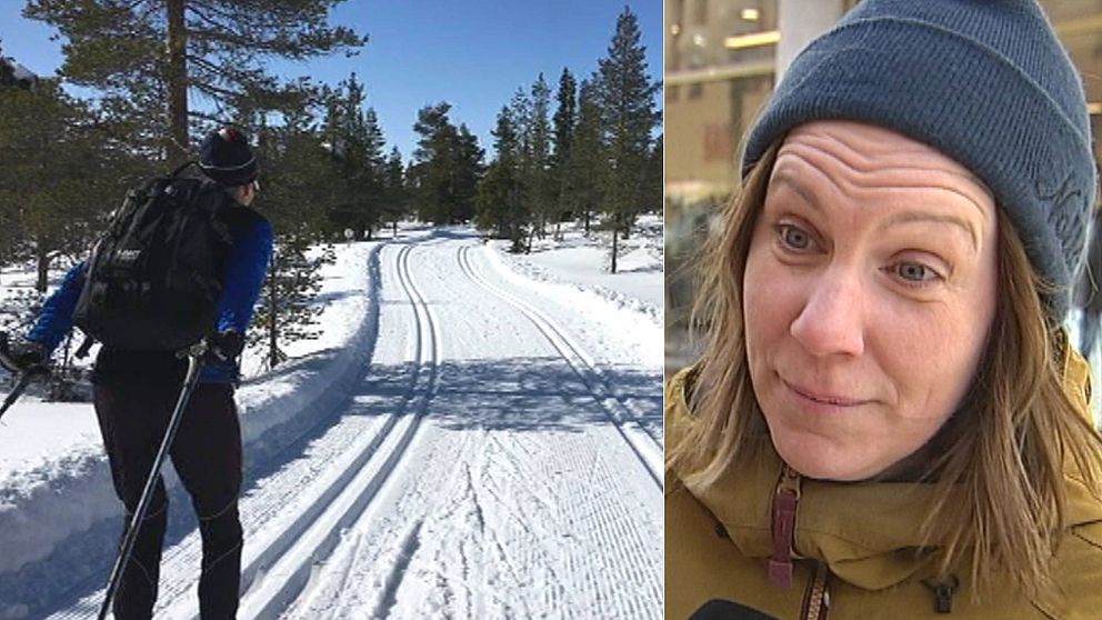 Man åker skidor i skidspår, snö och sol, intervjubild på kvinna i mössa