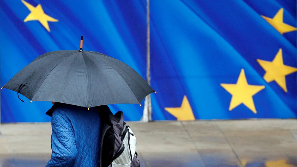 En man med paraply går för en EU-flagga.