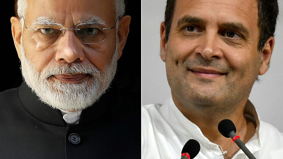 Indiens premiärminister Narendra Modi (t.v) och Kongresspartiets ledare Rahul Gandhi (t.h).