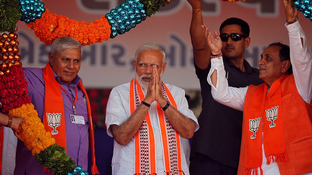 Indiens premiärminister Narendra Modi på valmöte i Junagadh i delstaten Gujarat 10 April  2019.