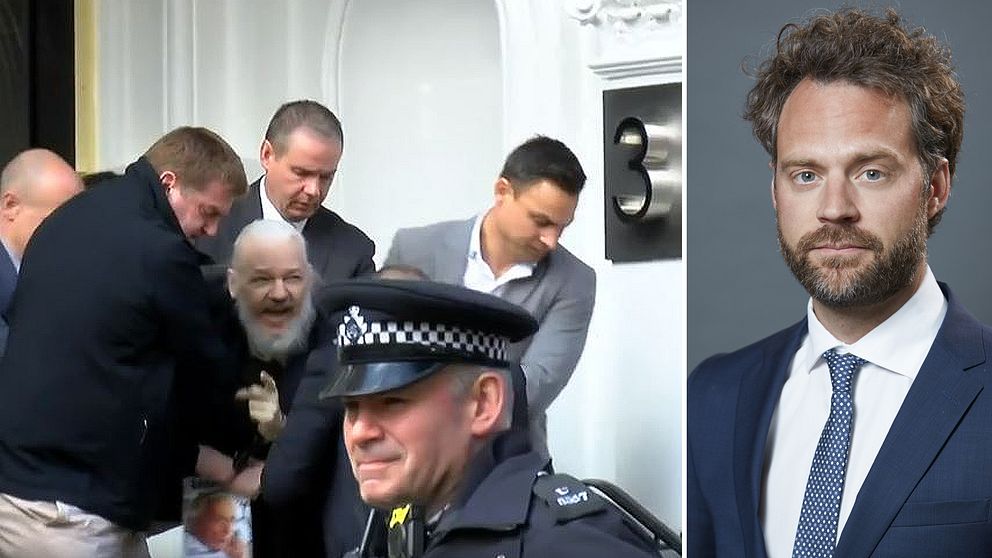 Julian Assange när han grips av brittisk polis på Ecuadors ambassad i London. Till höger: Mikael Wigell, docent vid Utrikespolitiska institutet i Tammerfors.