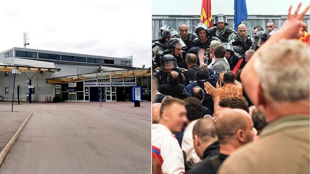 En bild på flygplatsen och en bild på polisen som försöker stoppa demonstranter i parlamentet.