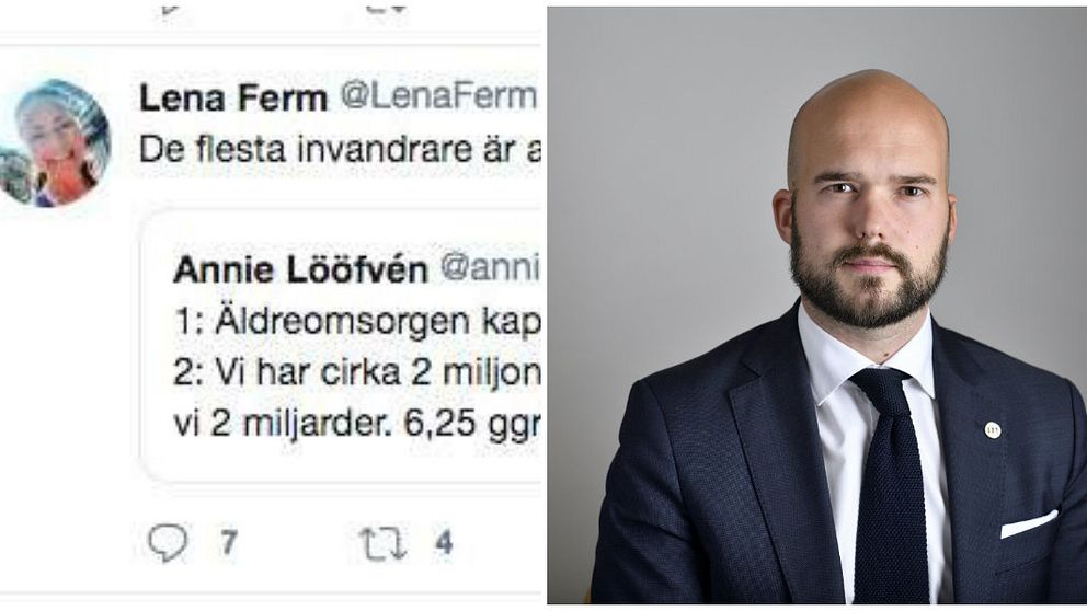 David Josefsson ordförande för Moderaterna i Göteborg, och en skärmdump av Lena Ferms inlägg på Twitter.