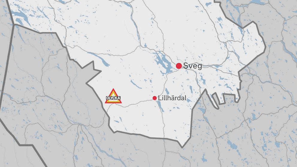 En karta över delar av Jämtland där Sveg, Lillhärdal samt en symbol för en olycka finns utplacerade.