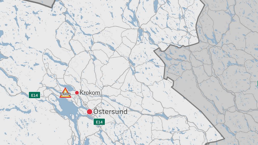 En karta över delar av Jämtland där Krokom, Östersund samt en symbol för en olycka finns placerade.
