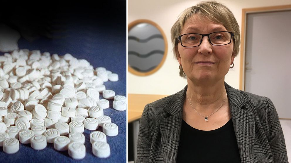 Bilden är delad och på den vänstra sidan syns vita tabletter och på den högra Lena Berglund Friberg som är länsverksamhetschef vid BUP.