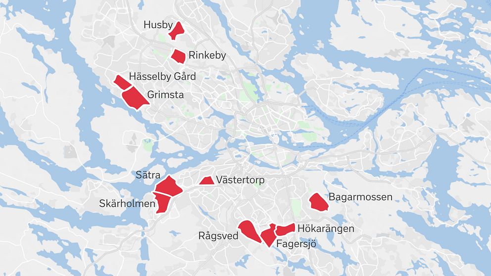 Karta över de elva områden där hyresrätter kan ombildas till bostadsrätter: Bagarmossen, Fagersjö, Grimsta, Husby, Hässelby Gård, Hökarängen
Rinkeby, Rågsved, Skärholmen, Sätra och Västertorp.