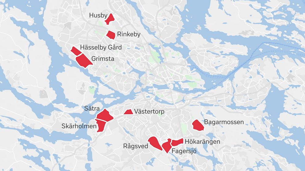 Karta över de elva områden där hyresrätter kan ombildas till bostadsrätter: Bagarmossen, Fagersjö, Grimsta, Husby, Hässelby Gård, Hökarängen
Rinkeby, Rågsved, Skärholmen, Sätra och Västertorp.