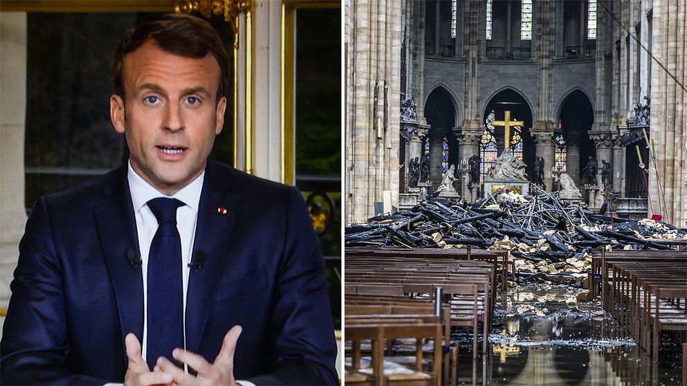 Frankrikes president Emmanuel Macron håller tal till  nationen efter Notre-Dame-branden.