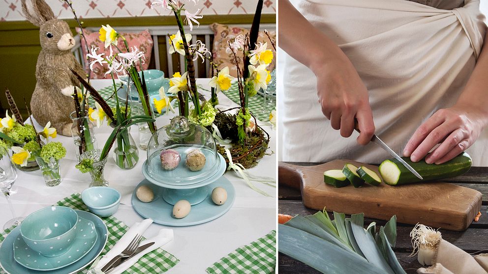 Bild delad i två: På vänster sida ett bord dekorerad med påskliljor, fejka ägg och en påskhare. På höger sida, en person som skär en zucchini.