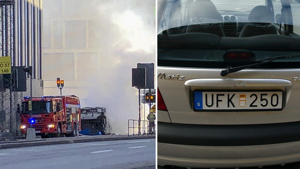 Gasdriven buss som fattade eld den 10 mars i centrala Stockholm. Genrebild till höger.