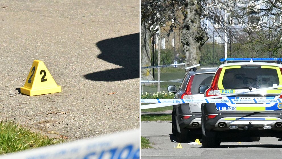 Polis på Skabersjögatan i Malmö, där polisen sköt en man i benet.