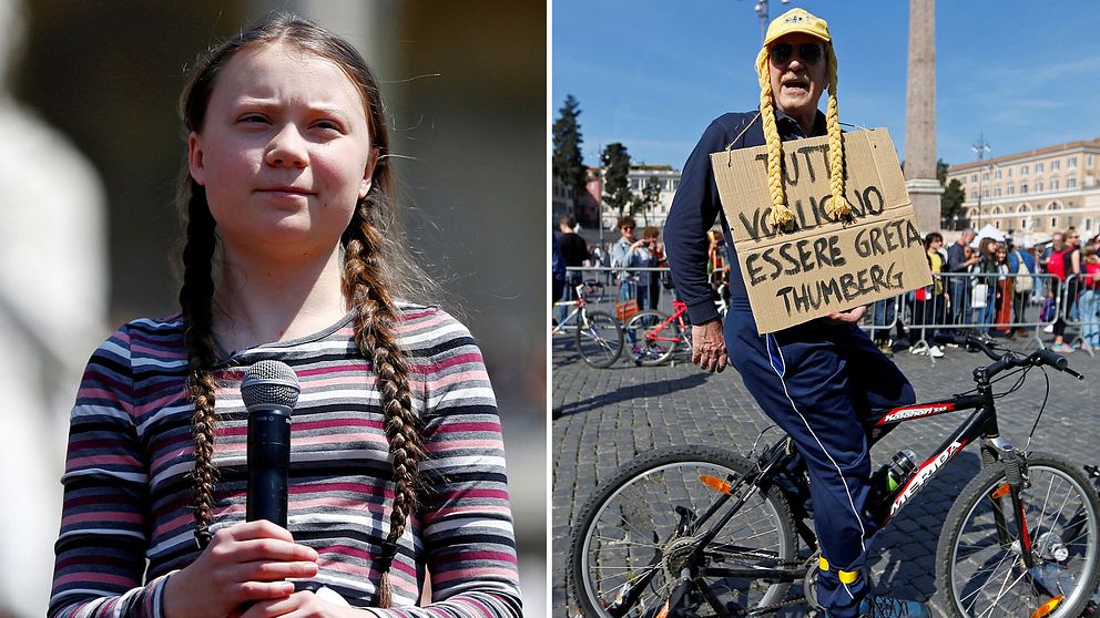 Greta Thunberg och man på cykel.