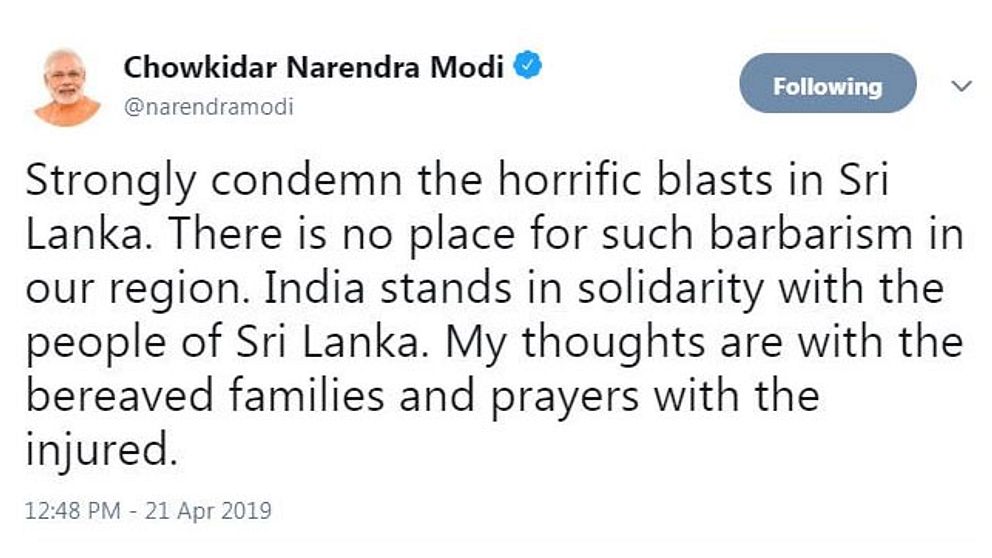 Tweet där Indiens premiärminister fördömer attackerna i Sri Lanka.