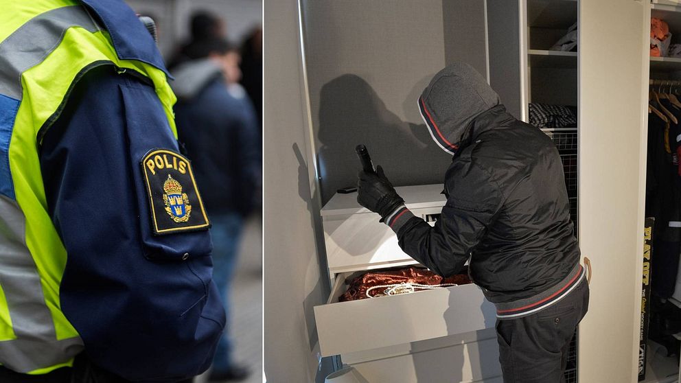 En arrangerad bild på en inbrottstjuv i huvtröja, med handskar och ficklampa, som letar igenom en byrå på jakt efter värdeföremål. En bild med en polis.