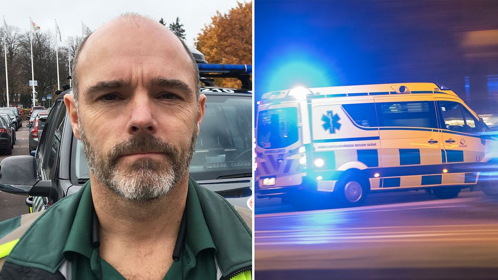 Fredrik Leek, ambulanschef i Västmanland, tittar in i kameran. Bredvid honom syns en bild på en ambulans med blåljus på.