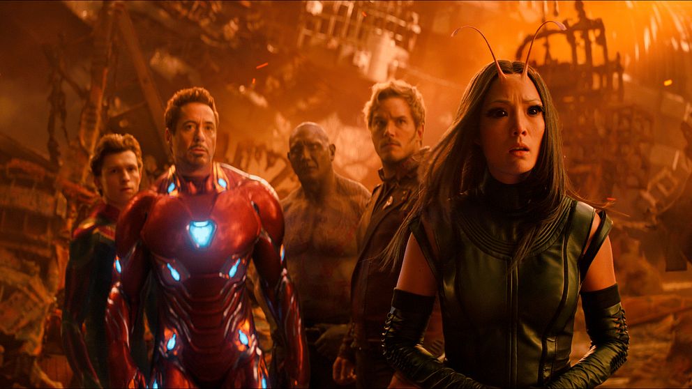 Tom Holland, Robert Downey Jr., Dave Bautista, Chris Pratt och Pom Klementieff i Avengers: Infinity War.