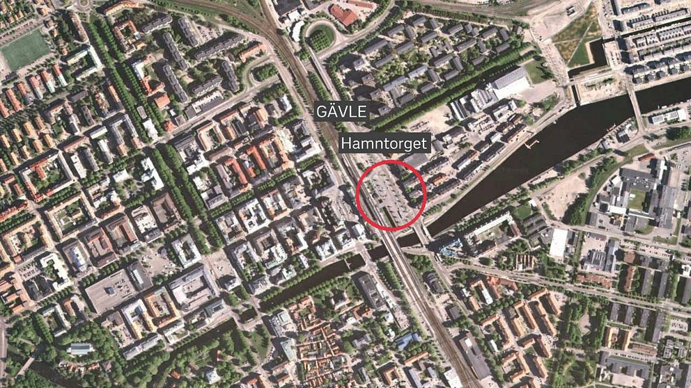 Satelitbild över centrala Gävle och Hamntorget.