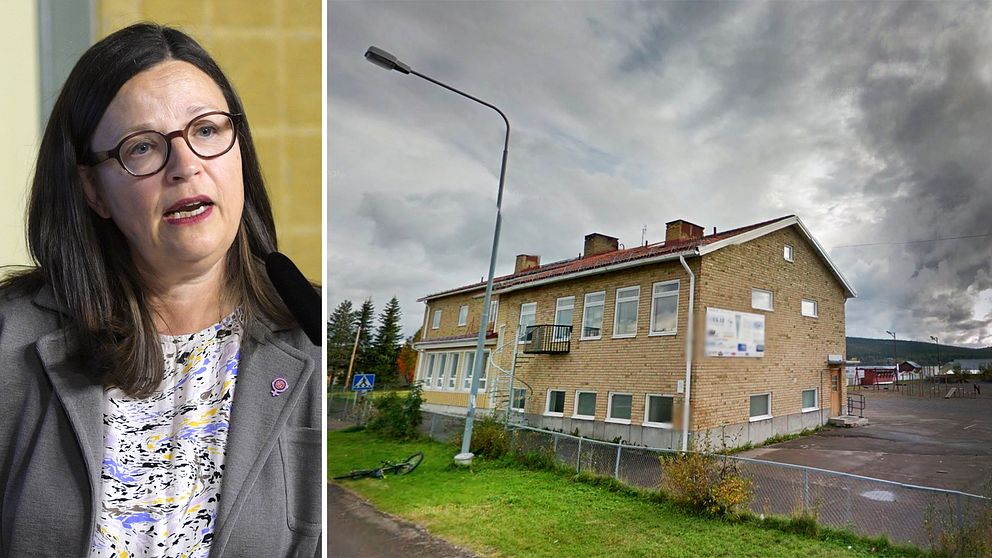 Utbildningsminister Anna Ekström (S) bredvid skolan i Jukkasjärvi