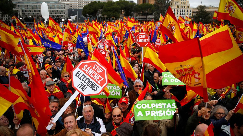 Demonstranter mot Pedro Sànchez socialdemokratiska regering i februari 2019, som efterlyser nyval.