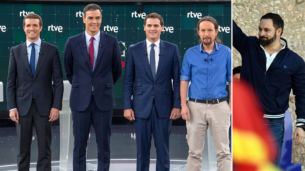 Det spanska valets huvudkandidater samlade till en tv-debatt. Från vänster: Pablo Casado (Partido Popular), Pedro Sánchez (PSOE), Albert Rivera (Ciudadanos), Pablo Iglesias (Podemos). I bilden till höger Santiago Abascal (Vox).