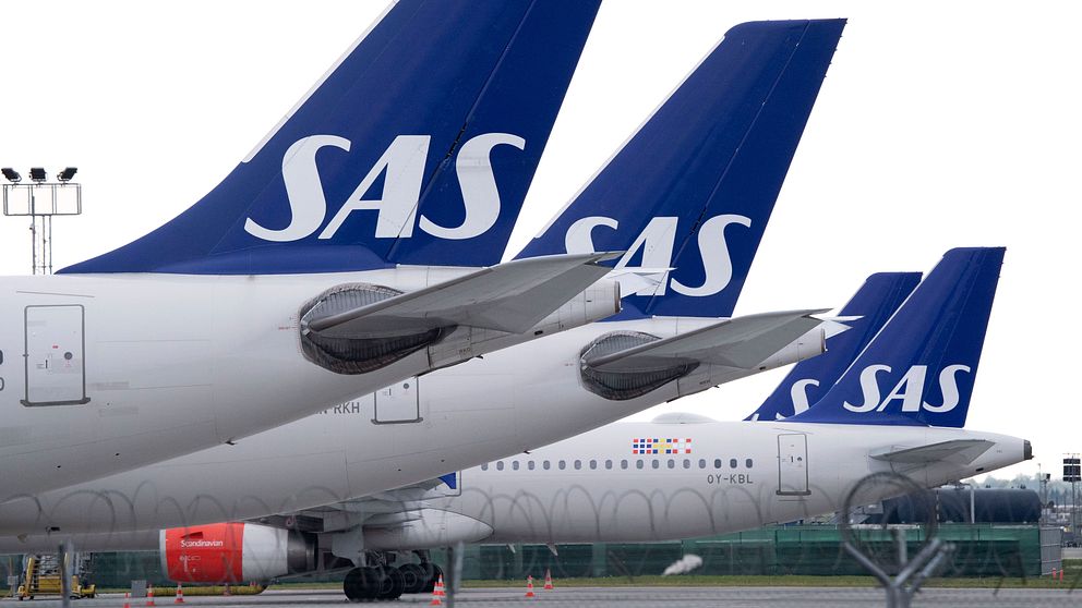 Parkerade SAS-flygplan på Kastrup när strejken bland det skandinaviska flygbolagets piloter fortsatte på söndagen.