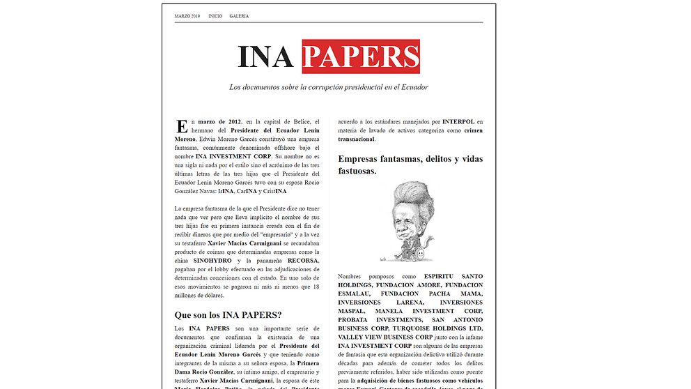 INA Papers. En läcka som vissa, däribland Rafael Correa, menar bevisar att president Moreno varit inblandat i korruption.