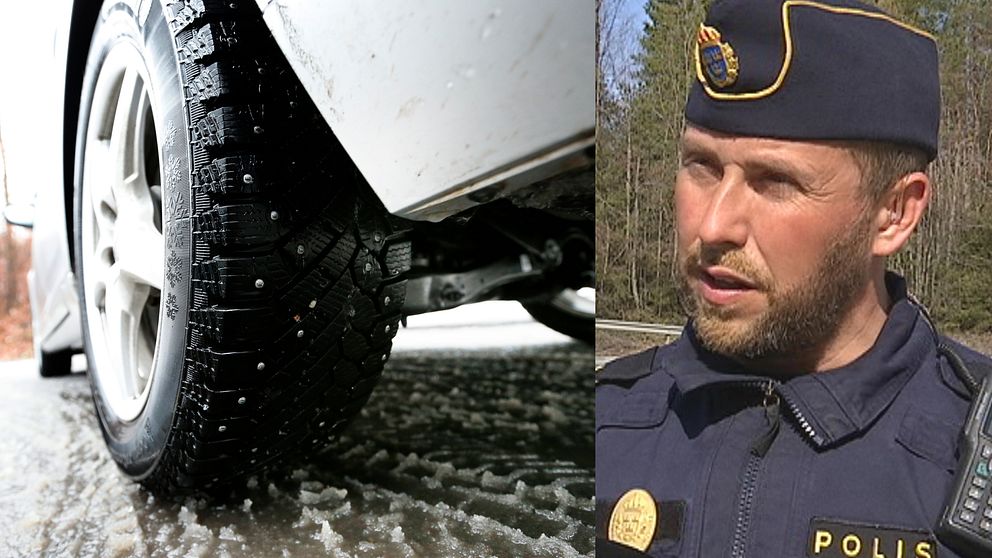 Närbild på dubbdäck till vänster och man i polisunifrom till höger.