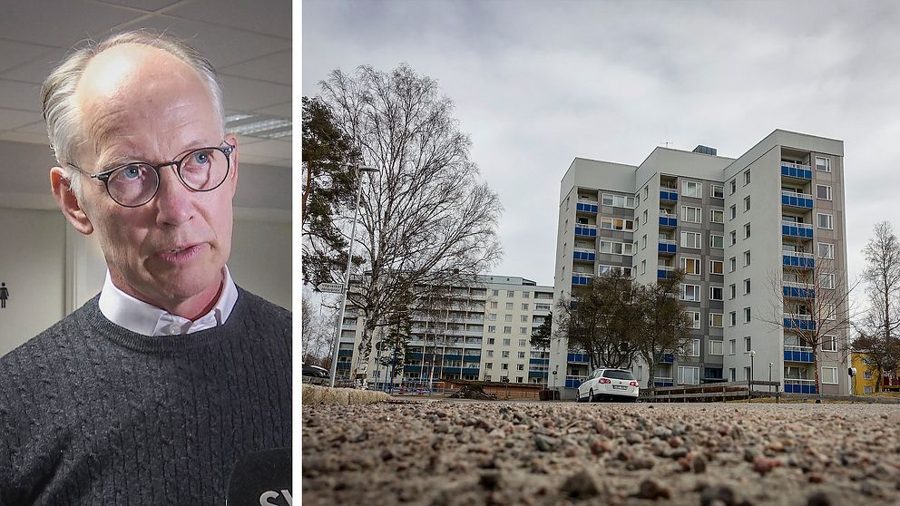Collage med Johan Persson, finanschef på Sandvikenhus, och ett hyreshus på Svarvargatan.