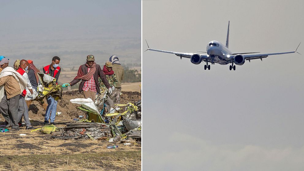 Hjälparbetare vid olycksplatsen för det Ethiopian Airlines-plan som kraschade den 10 mars 2019 i söder om Addis Ababa, Etiopien.